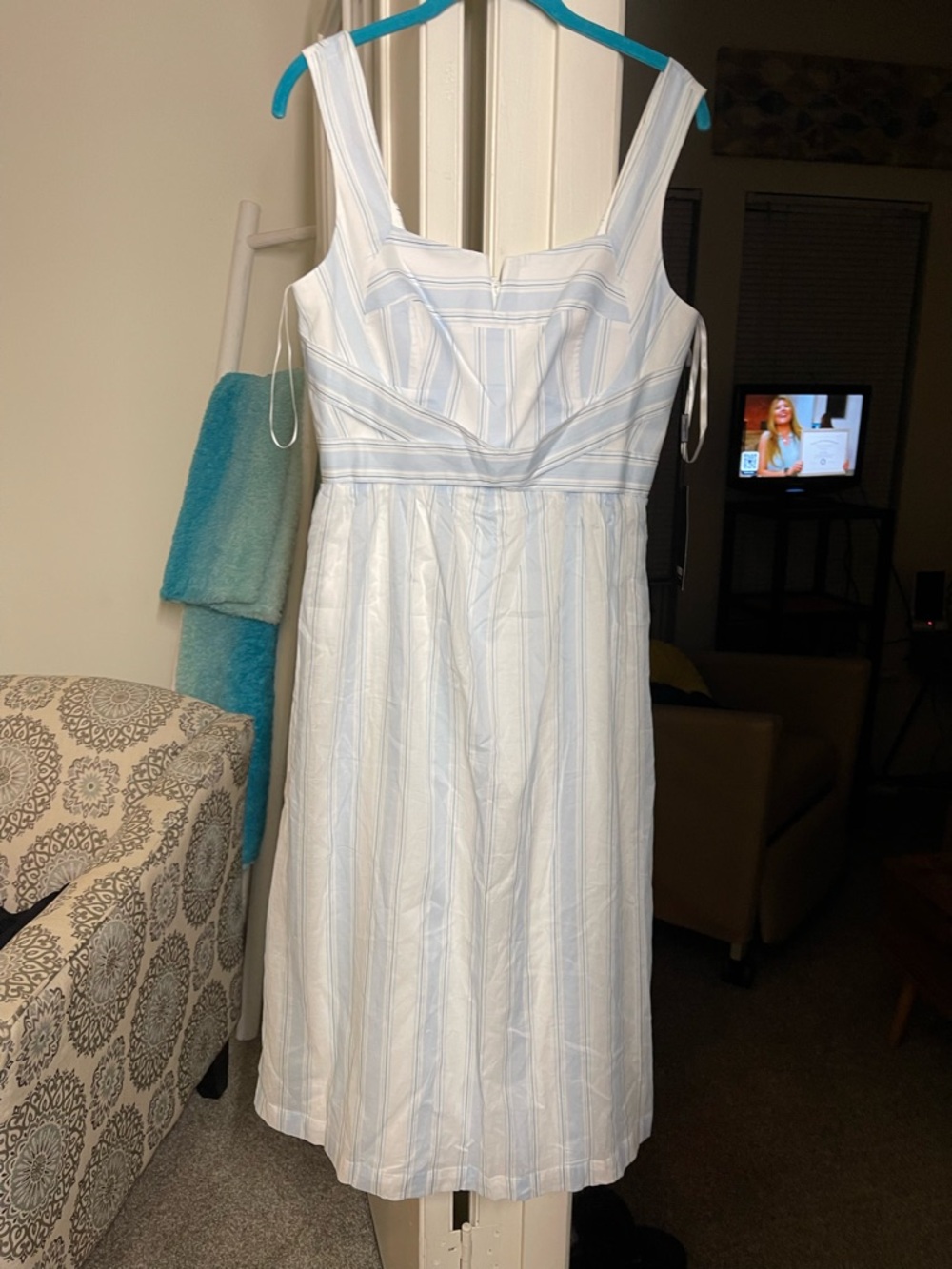 White House Black Market Light Blue & White Striped Midi Dress